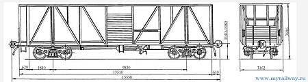 4-осный вагон для перевозки среднетоннажных контейнеров на базе крытого вагона с тормозной площадкой. Модель 11-Н002