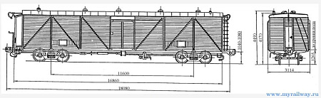 4-осный крытый вагон для скота с тормозной площадкой. Модель 11-К254