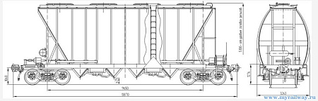 4-осный крытый вагон-хоппер для минеральных удобрений и кальцинированной соды. Модель 19-3116-03